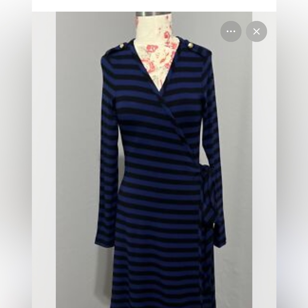 Banana Republic Navy and Black Striped Long Sleeve Wrap Dress with gold accents